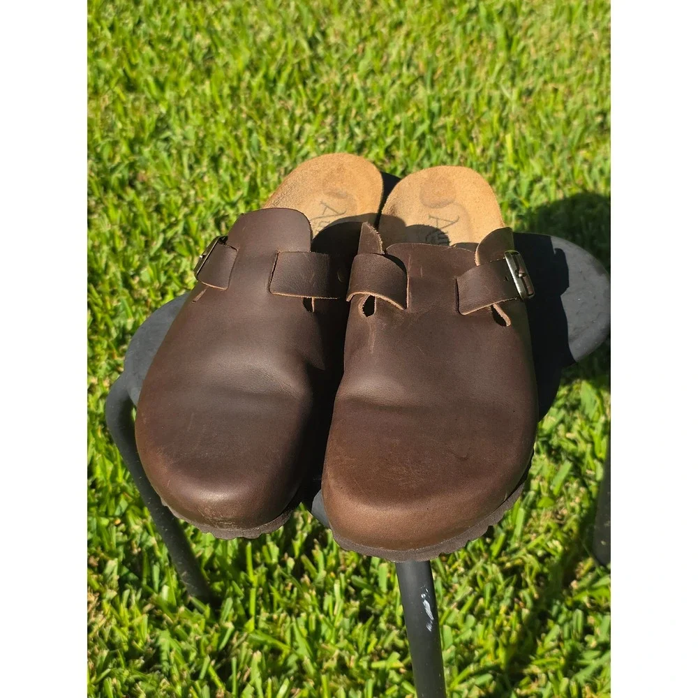 Autenti by Penta Brown Leather Clogs Mules Buckle Cork Footbed Made in Spain 43